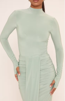 Ego - long sleeve high neck bodysuit in pale green slinky