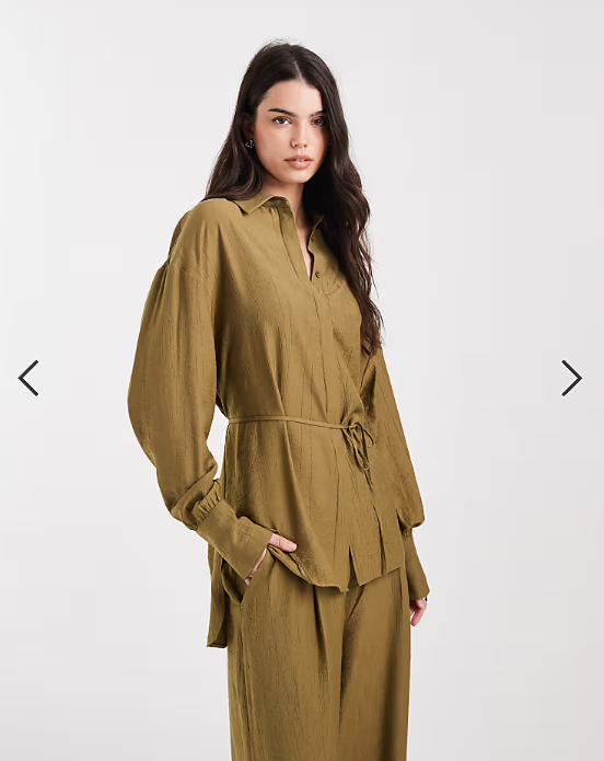 ASOS DESIGN wrap front double tie mensy shirt co-ord in olive