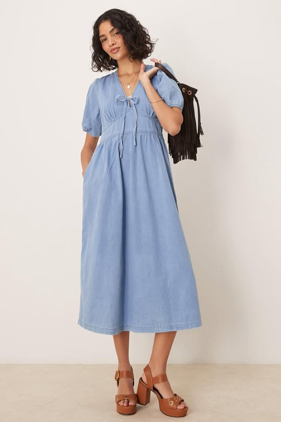 Nobody’s Child - astra denim twill midi dress in light blue