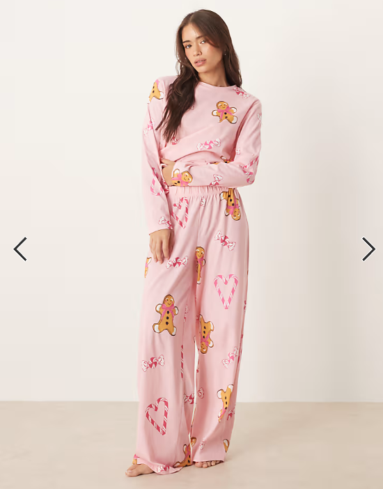 ASOS DESIGN gingerbread & candy cane long sleeve top & trouser pyjama set in pink marl