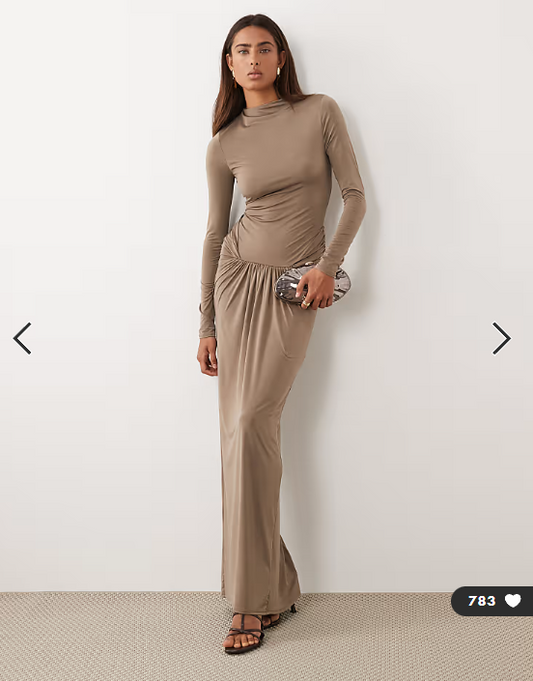 ASOS DESIGN slinky high neck maxi dress with waist detail in mocha