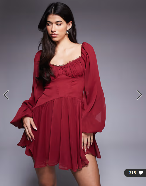 ASOS DESIGN puff sleeve chiffon lace up mini skater dress in burgundy