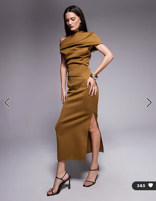 ASOS DESIGN structured midi dress with fallen shoulder in brown scuba-style fabric