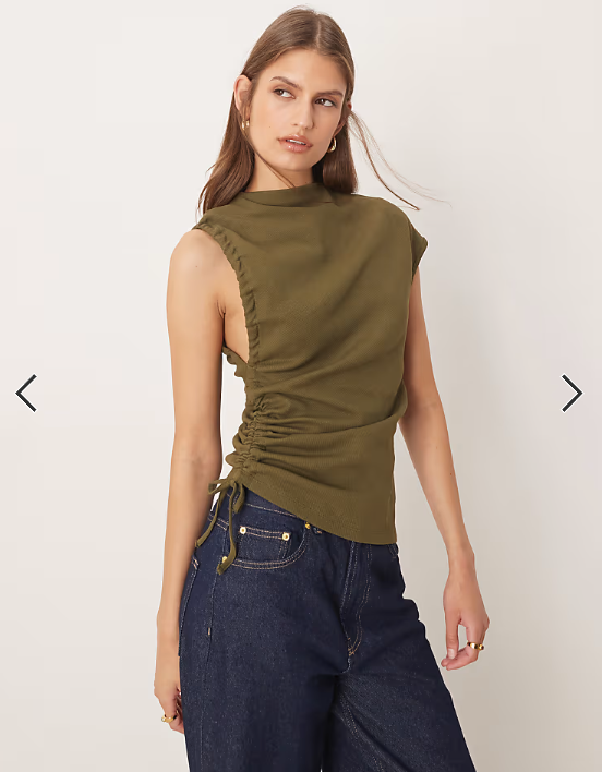 ASOS DESIGN rib grown on neck top with ruched side in khaki