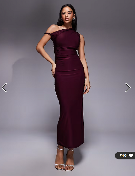 Kaiia exclusive double layered slinky twist off shoulder bodycon maxi dress in dark cherry