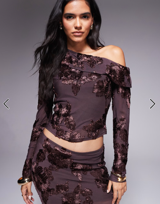 Kaiia exclusive textured floral asymmetric fallen shoulder long sleeve top in chocolate - part of a set