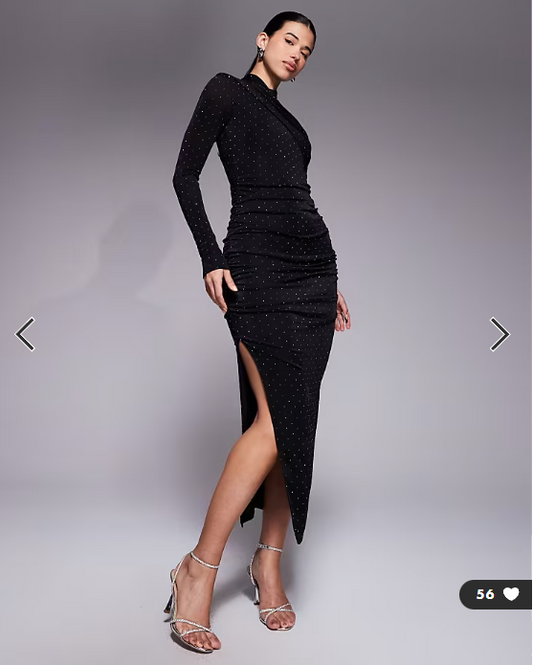 Ruched & Ready removable shoulder pad detail sculpting high neck drape front hotfix maxi dress in black