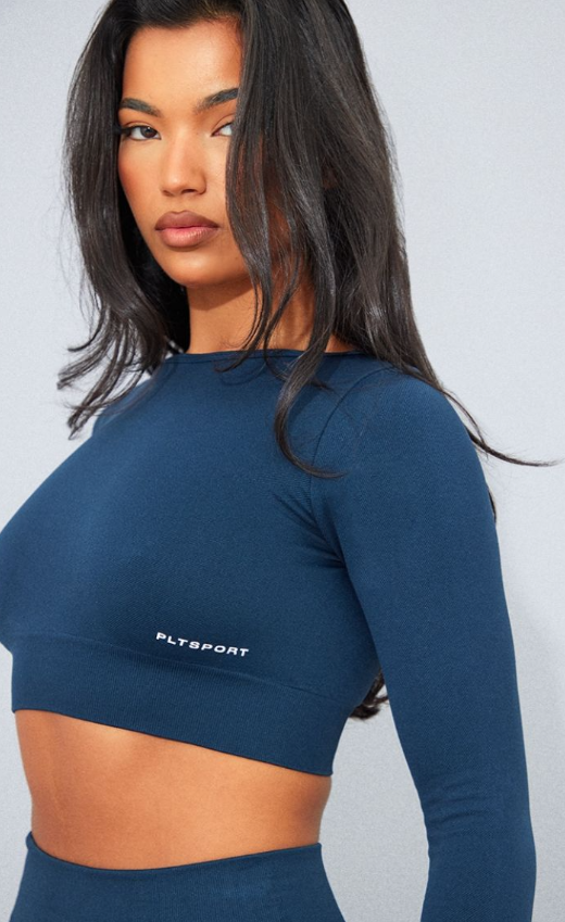 Navy Sport Basic Seamless Long Sleeve Crop Top