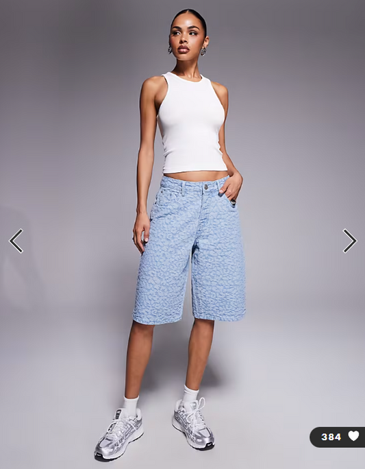 Liquor N Poker leopard print denim jorts in jacquard blue wash