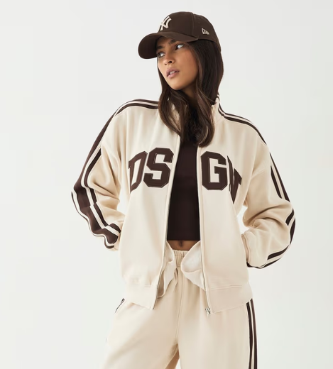 DSGN Studio Side Stripe Funnel Neck Zip Through Bomber Hoodie- cream