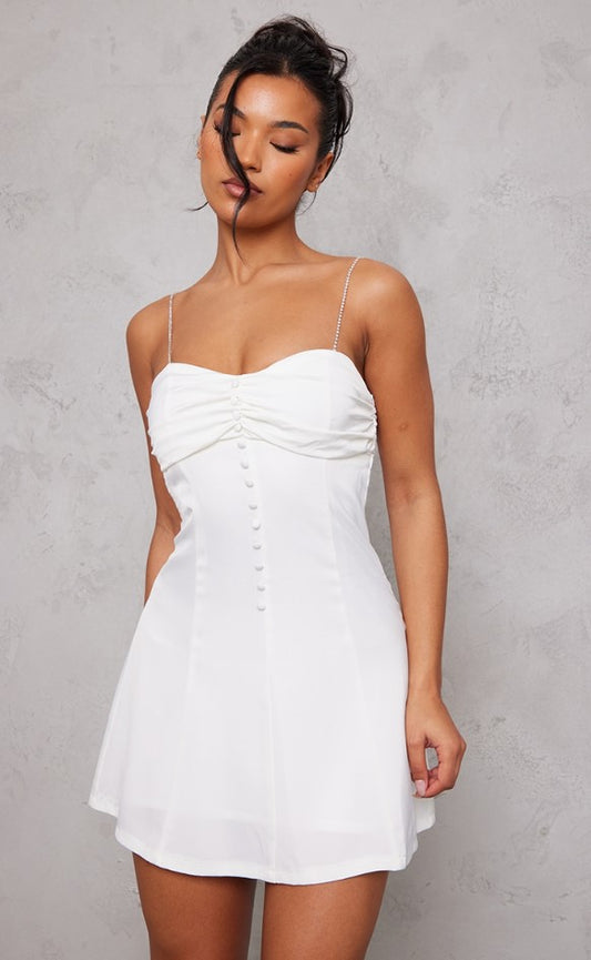 White Satin Diamante Strap Button Detail Bodycon Dress