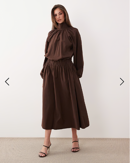 ASOS DESIGN zip through poplin volume pleat maxi dress in chocolate brown