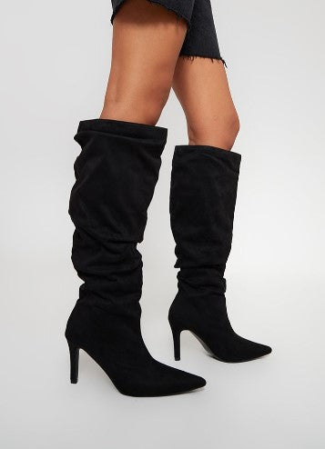 Black Burnished Faux Suede Ruched Mid High Heeled Knee Boots