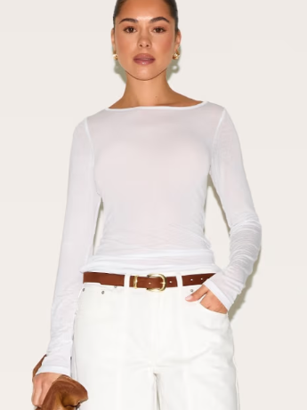 Plt - White Sheer Soft Touch Crew Neck Long Sleeve Top