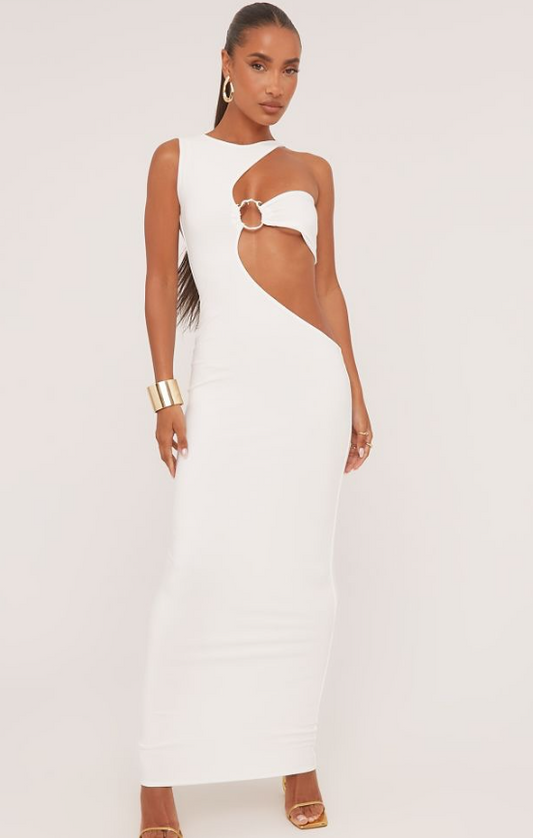 SLEEVELESS TEXTURED RING DETAIL CUT OUT MAXI DRESS IN WHITE SLINKY