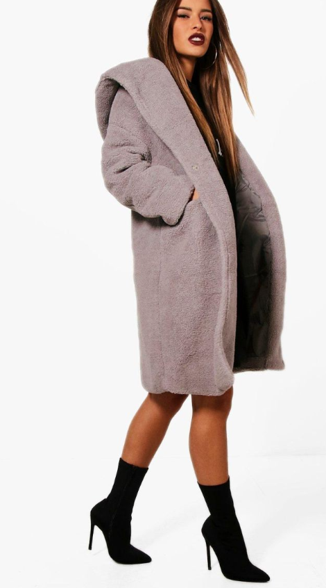 Boohoo Petite Oversized Hooded Teddy Coat - grey