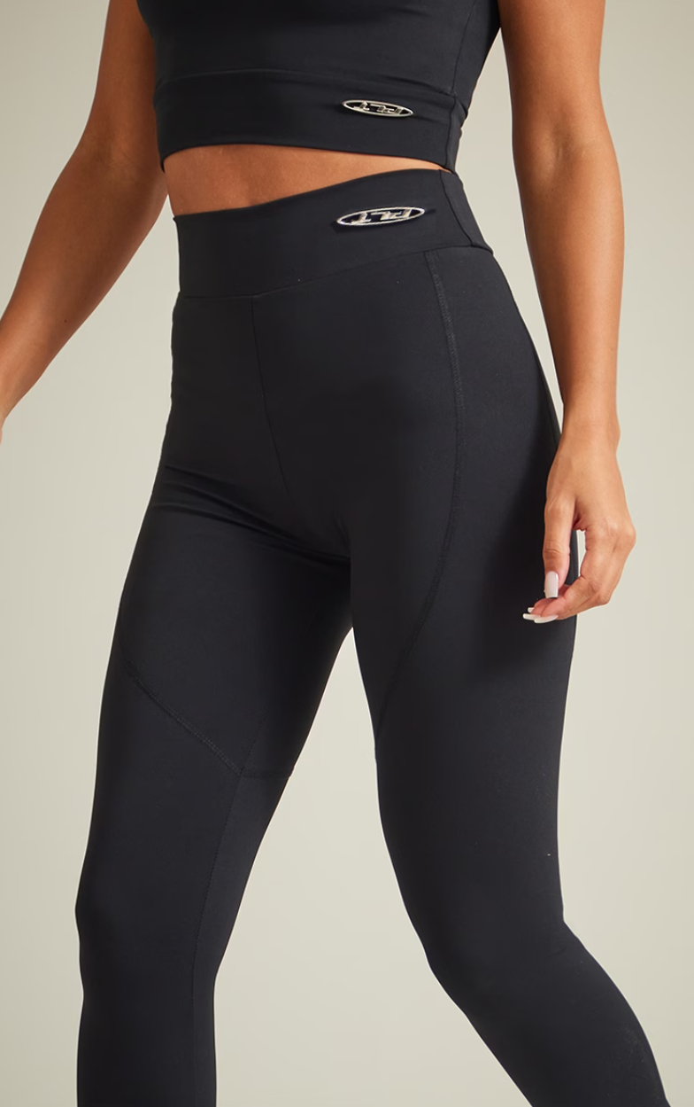 Black Sport Metal Badge Sculpt High Waist Flare Trousers