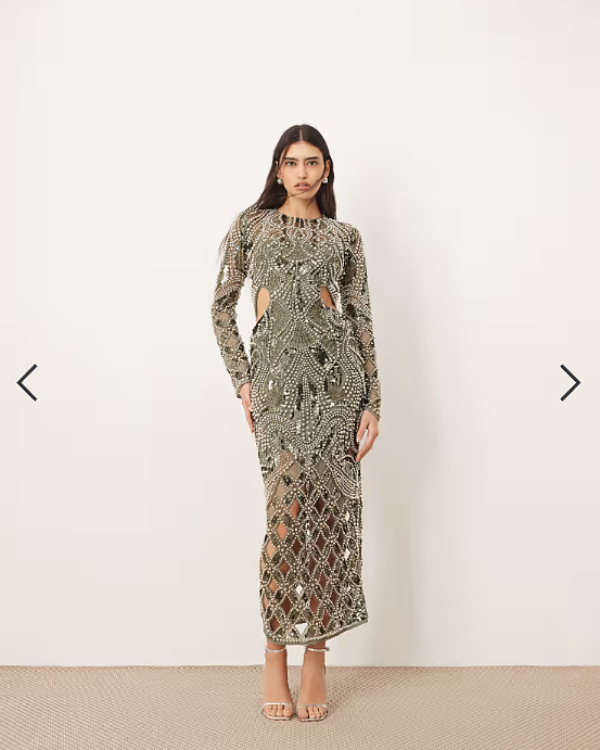 ARRANGE embellished metal look cage cut work maxi dress in dark green