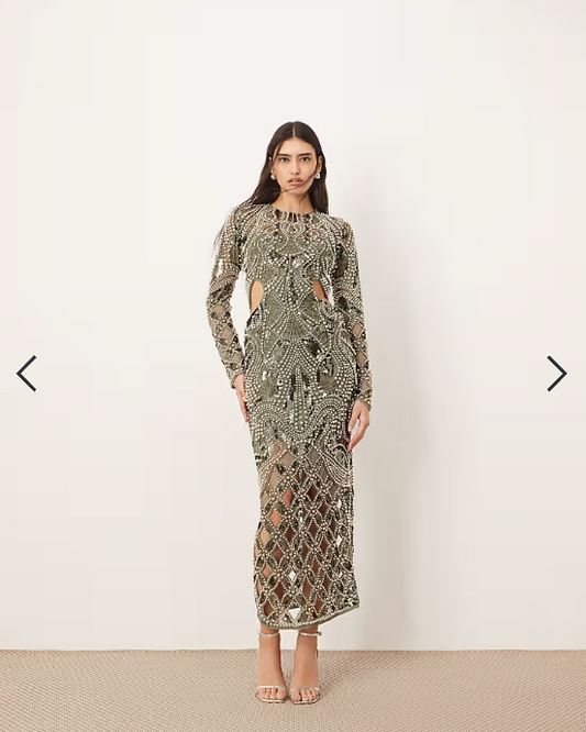 ARRANGE embellished metal look cage cut work maxi dress in dark green