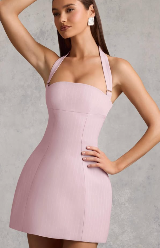 OhPolly-Pinstripe Halterneck Structured A-Line Mini Dress in Mauve