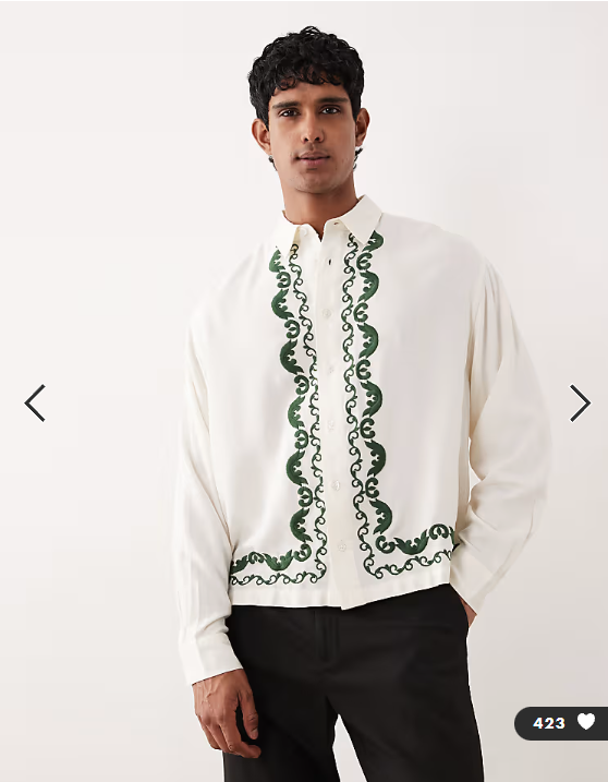 ASOS DESIGN boxy oversized shirt with border embroidery in beige