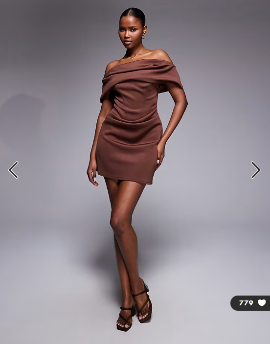 ASOS DESIGN off shoulder boned corset bodice mini dress in chocolate scuba-style fabric
