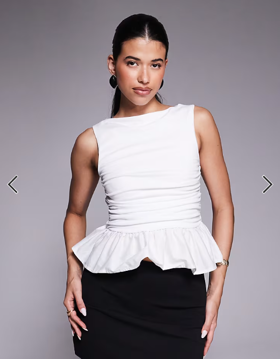 ASOS DESIGN asymmetric contrast fabric peplum hem top in ivory