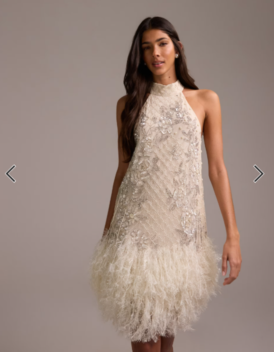 ASOS DESIGN floral embellished halter mini wedding dress with fringe hem in ivory
