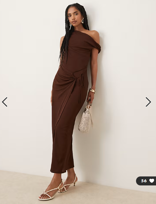 ASOS DESIGN onion skin fallen shoulder tie wrap midi dress in chocolate