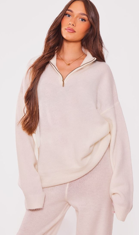 Maternity Oatmeal Knitted Slouchy Half Zip Jumper