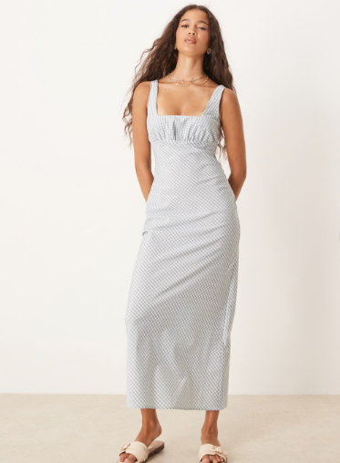 ASOS DESIGN square neck midi dress in green check
