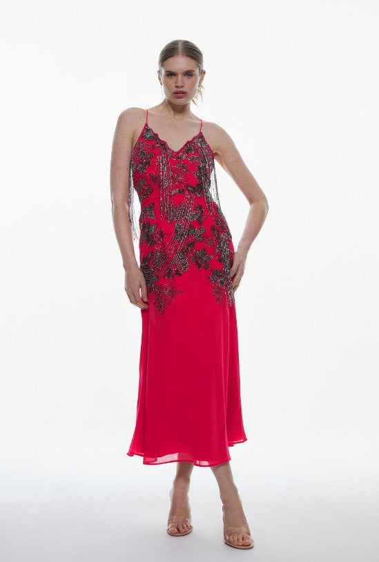 Beaded Embellished Fringed Satin Woven Slip Dress