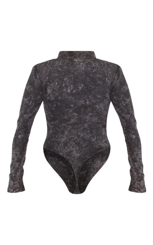 Charcoal Print Washed Rib Half Zip Bodysuit