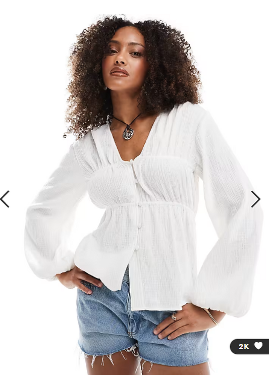 ASOS DESIGN long sleeve smock top with button front in white