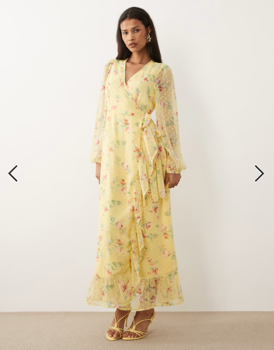 Vila dobby wrap maxi dress with frill detail in pastel yellow floral print