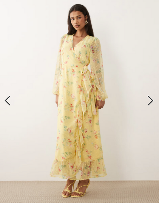 Vila dobby wrap maxi dress with frill detail in pastel yellow floral print
