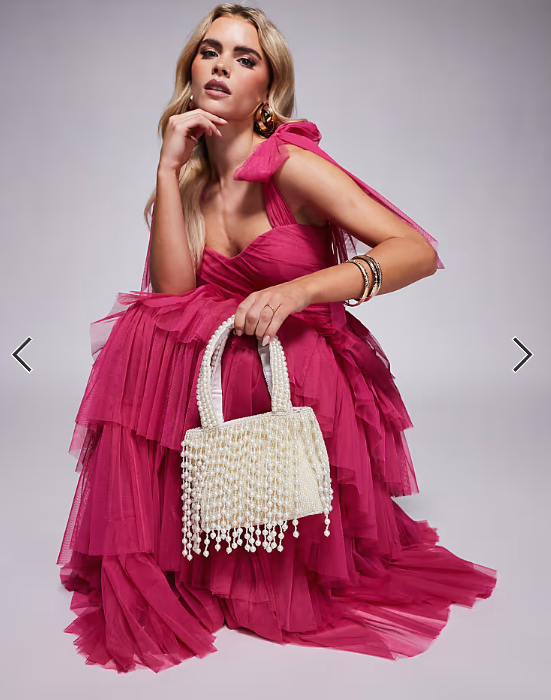True Decadence pearl tassel beaded bag in white