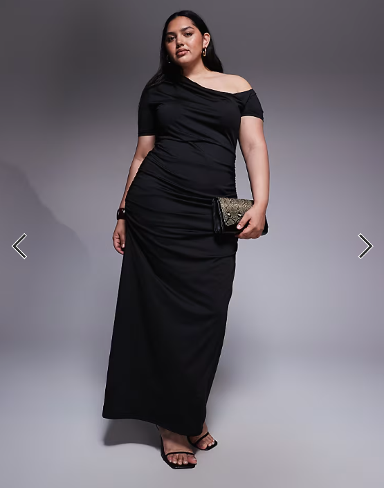 Renee Studio double sculpted slinky asymmetric shoulder ruched drape detail maxi dress in black