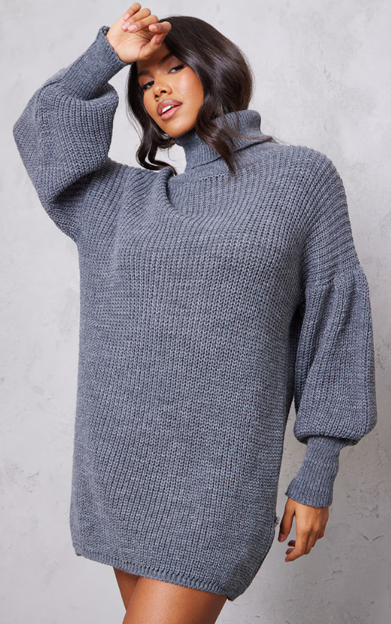 Charcoal Grey Chunky Knit Roll Neck Jumper Dress