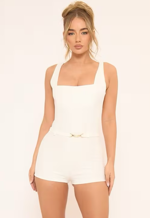 Square Neck Belted Playsuit In White