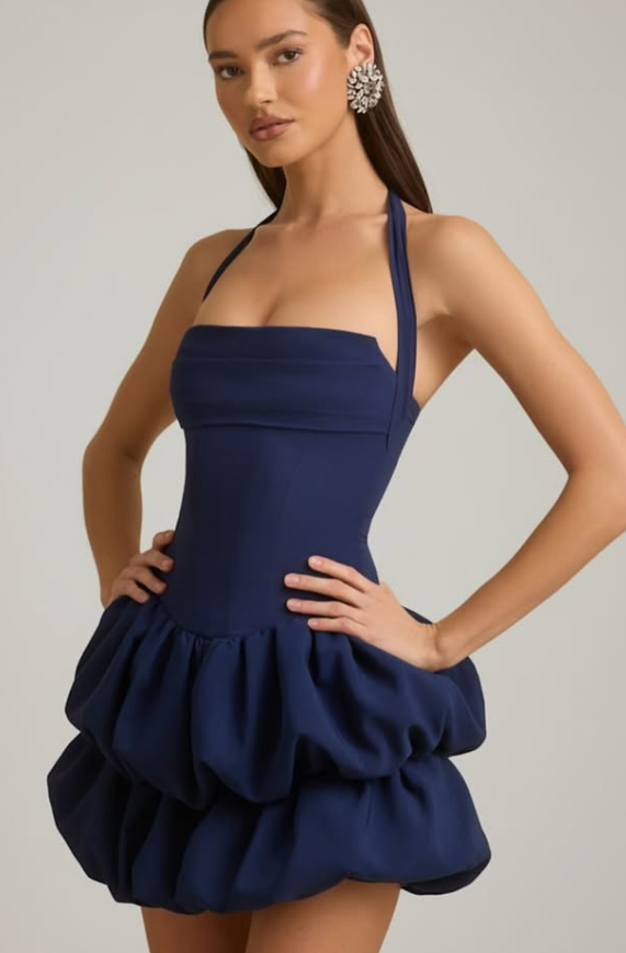 OhPolly-Halterneck Layered Bubble Hem Corset Mini Dress in True Navy