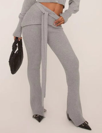 High Foldover Waist Tie Side Flared Trousers In Grey Knit