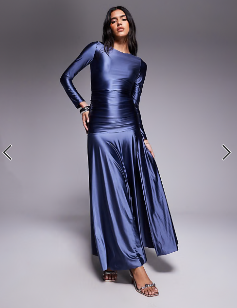 Rare London jersey satin ruched waist side split floaty skirt maxi dress in dark blue
