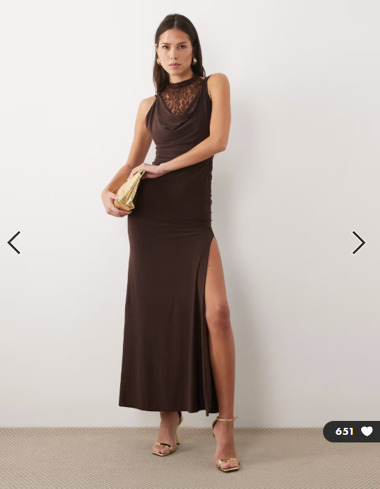 ASOS DESIGN lace and slinky layered cowl maxi dress in chocolate