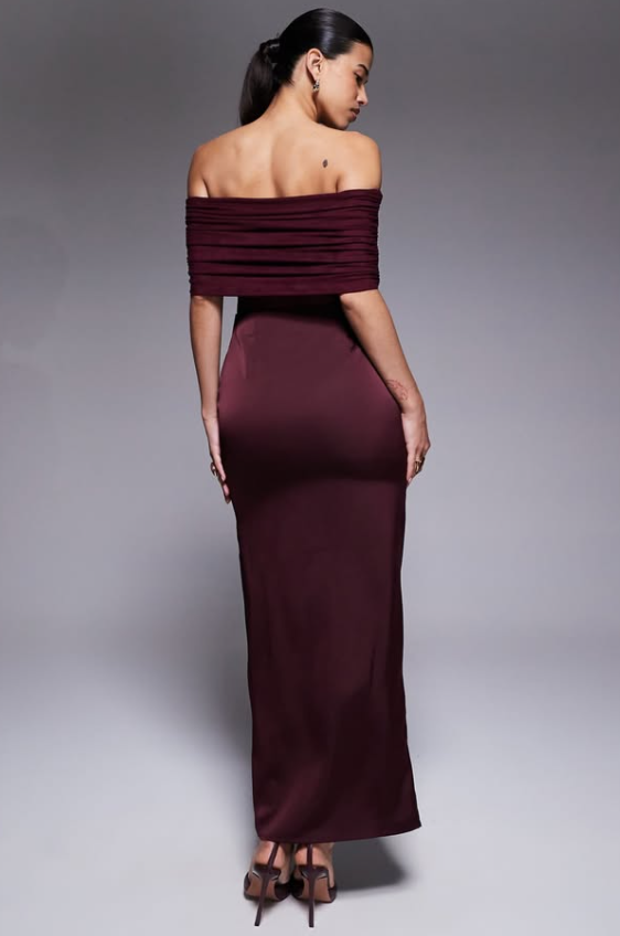 Aria Cove - bardot sheer panel drape detail fishtail satin maxi dress in burgundy
