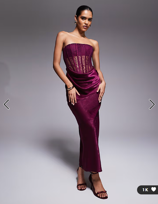 ASOS DESIGN lace corset detail maxi dress with satin draped skirt in mulberry