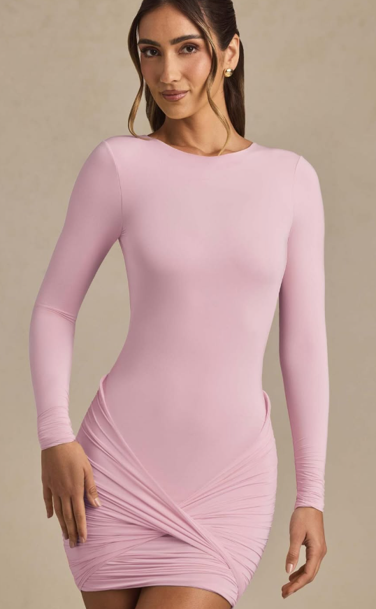 OhPolly-Modal Twist-Front Ruched Backless Mini Dress in Soft Pink