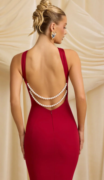 Oh Polly -  Xanthia Pearl-Detail Halterneck Maxi Dress in True Red
