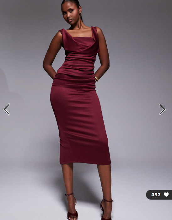 ASOS DESIGN square neck pleat bust midi pencil dress in burgundy
