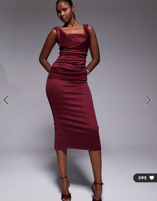 ASOS DESIGN square neck pleat bust midi pencil dress in burgundy
